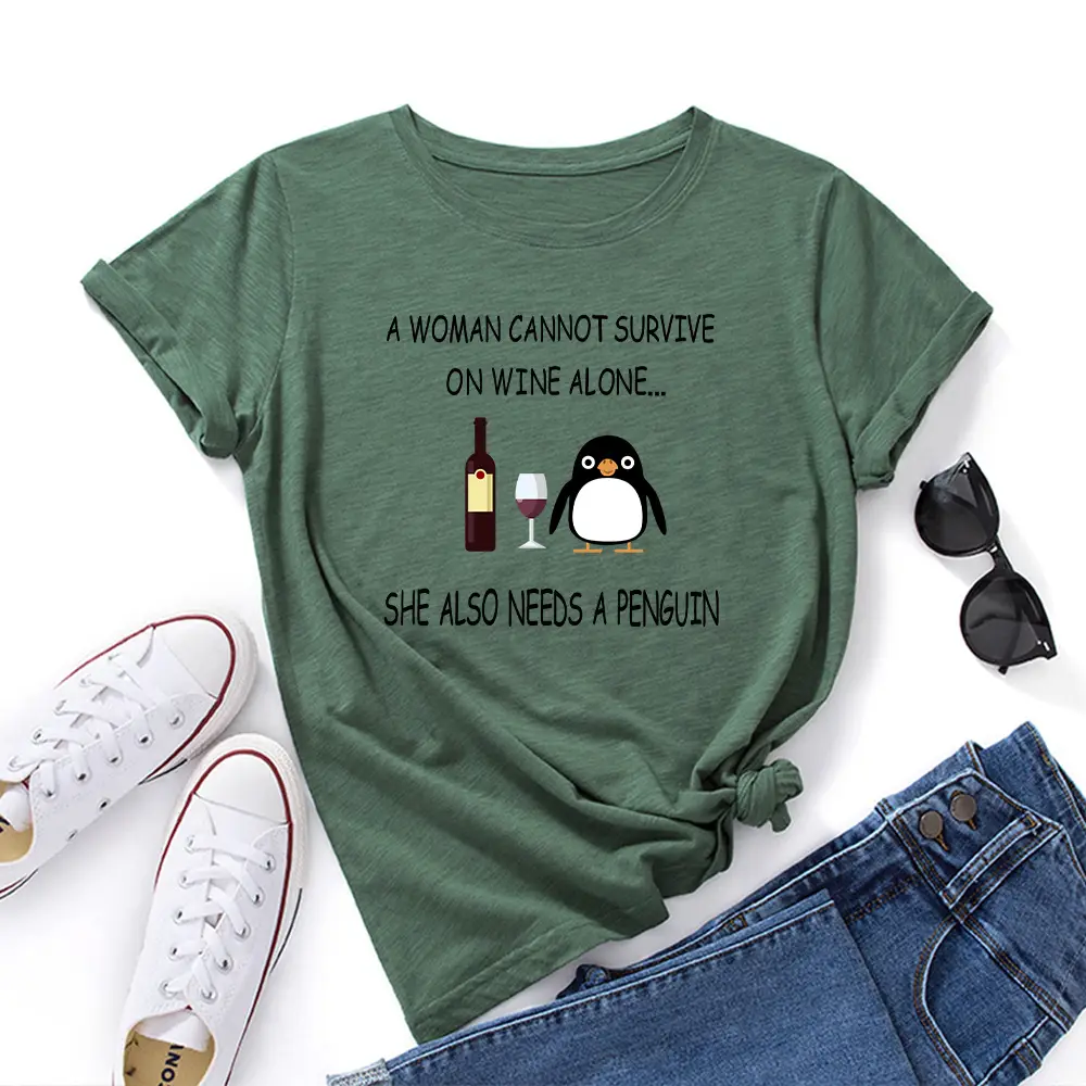 Women Red Wine Penguin T-Shirt Short Sleeve Loose Fit - Image 5