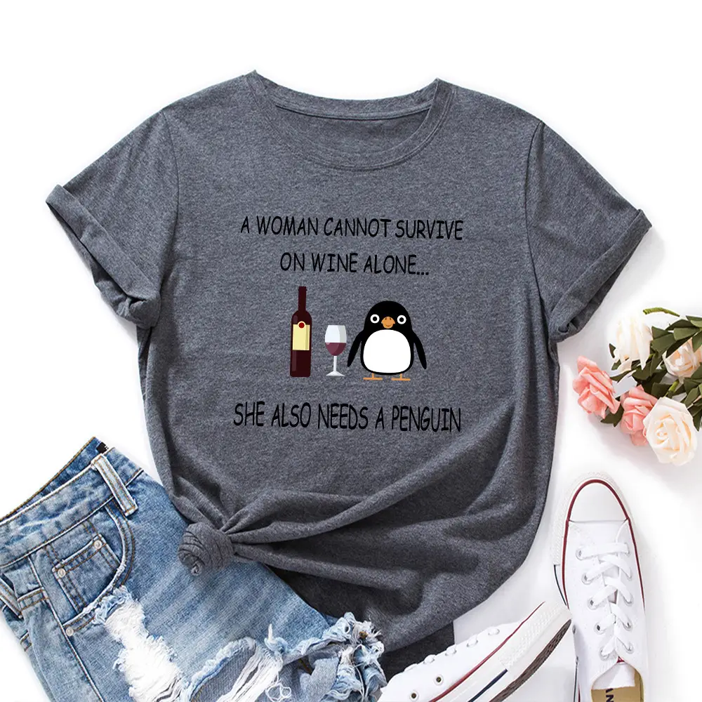 Women Red Wine Penguin T-Shirt Short Sleeve Loose Fit - Image 6