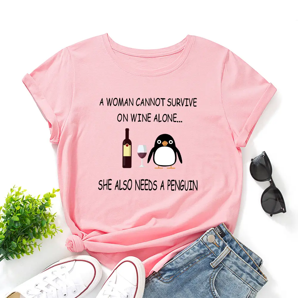 Women Red Wine Penguin T-Shirt Short Sleeve Loose Fit - Image 7
