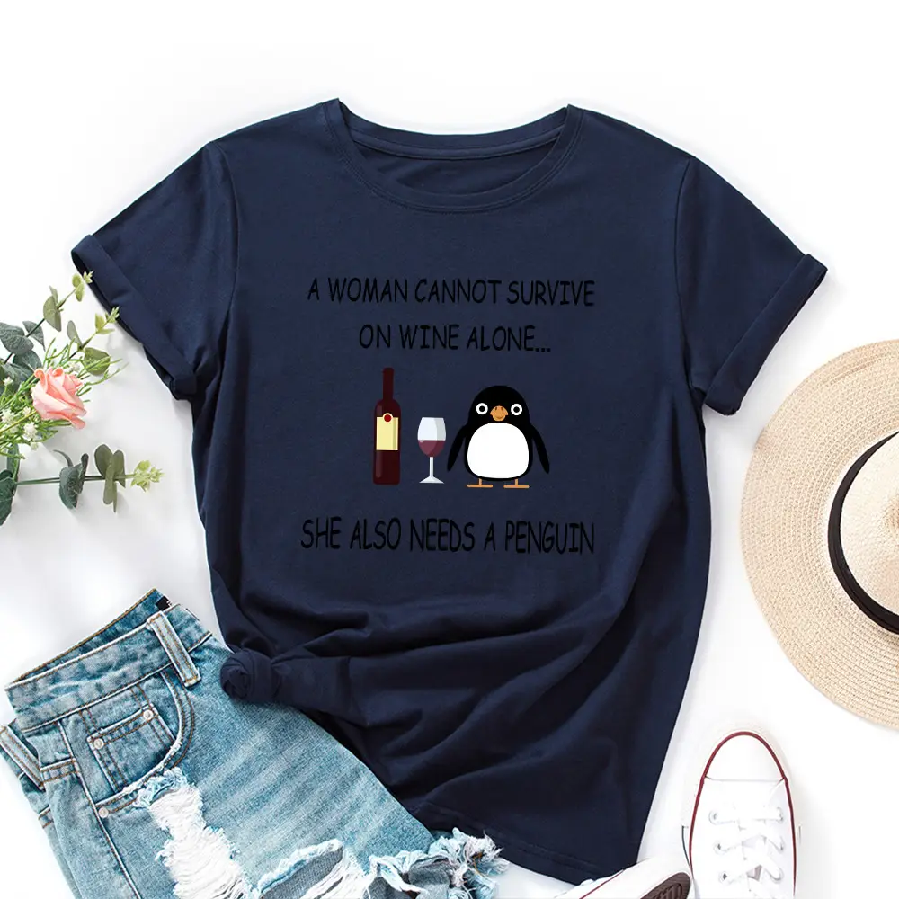 Women Red Wine Penguin T-Shirt Short Sleeve Loose Fit - Image 8