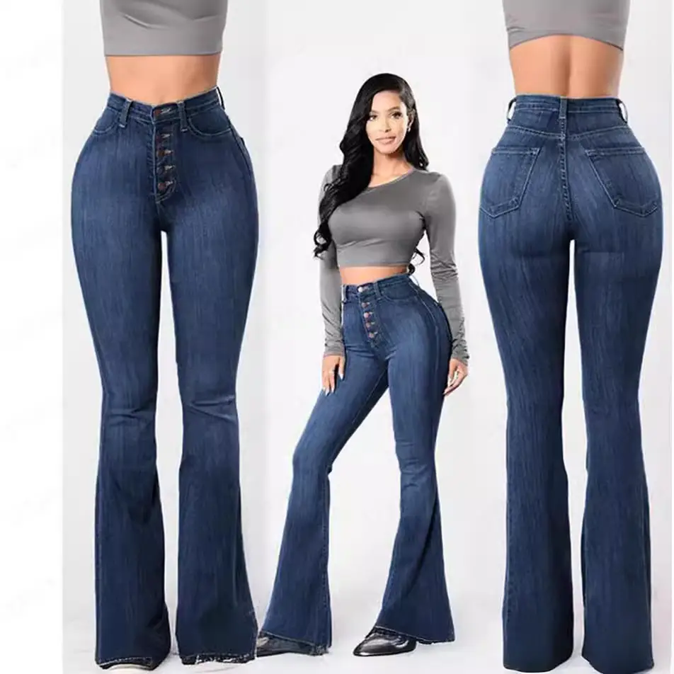 Wide Leg Jeans Women High Waist Elastic Blue
