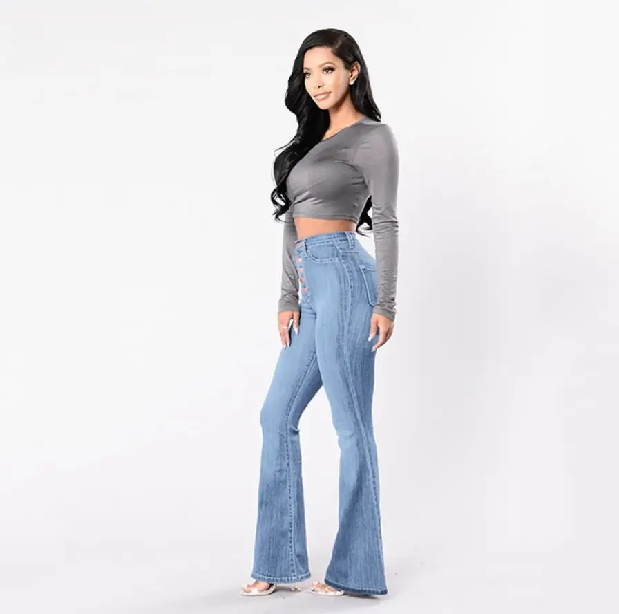 Wide Leg Jeans Women High Waist Elastic Blue