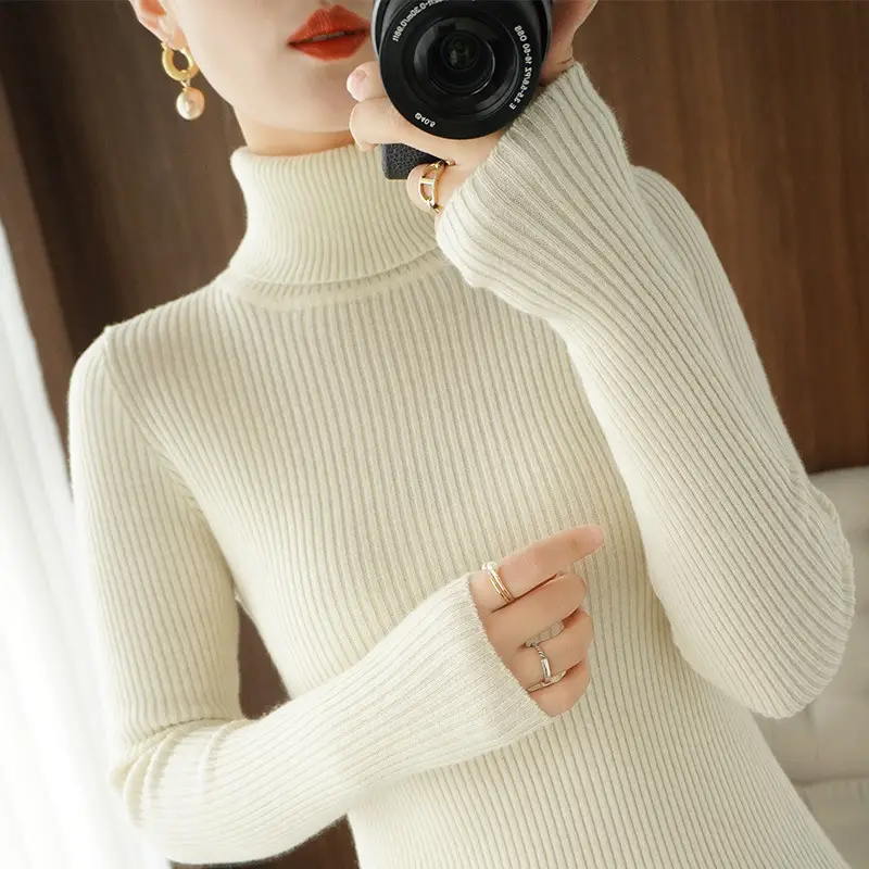 High Neck Wool Knit Shirt Beige 2023 Winter - Image 2