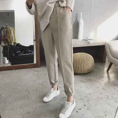 Women Woolen Harlan Pants Autumn Winter Plus Size Straight Leg - Image 2