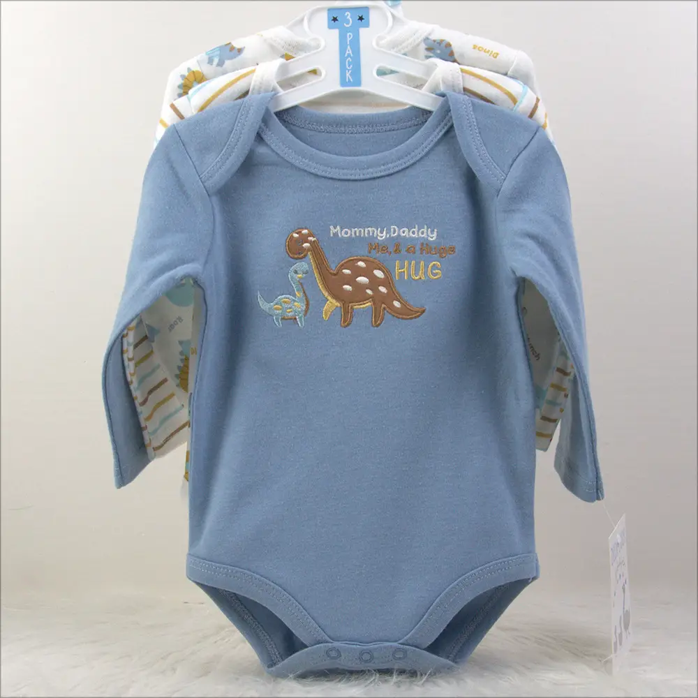 Creeper Baby Long Sleeve Bodysuit Set of 3 Blue - Image 3