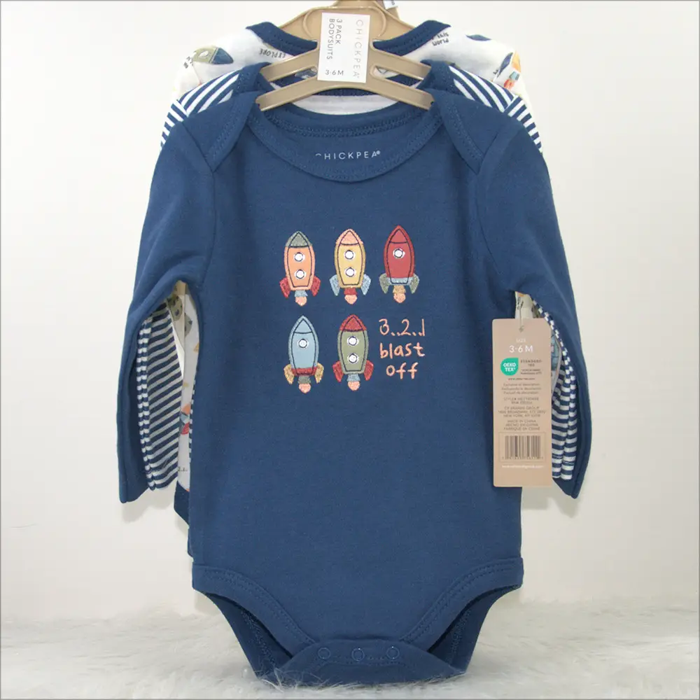 Creeper Baby Long Sleeve Bodysuit Set of 3 Blue — feature 1