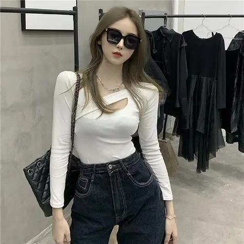 2025 Hollow Out Long Sleeve Top Women White Slim Fit - Image 2