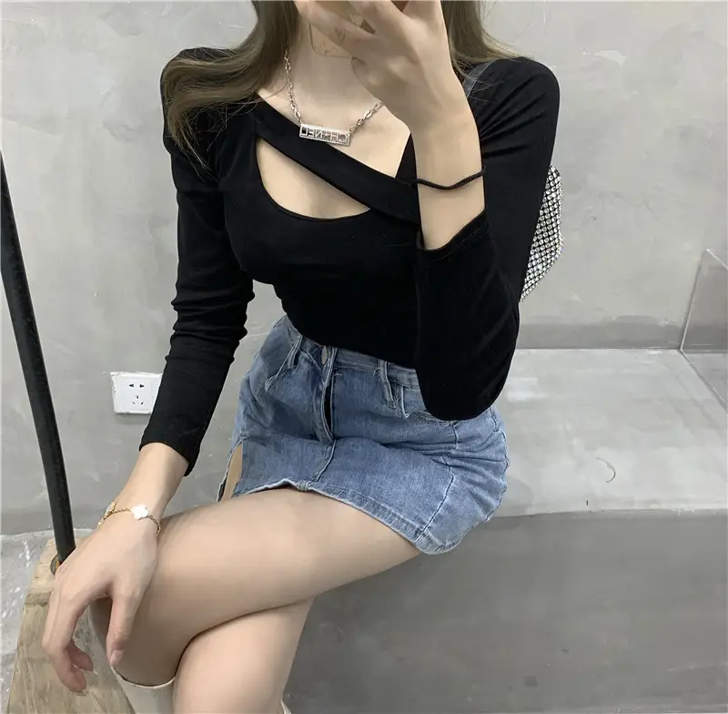 2025 Hollow Out Long Sleeve Top Women White Slim Fit — feature 8