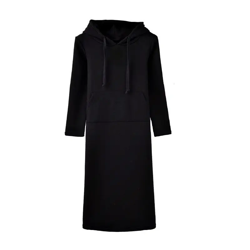 Women Black Long Sleeve Hooded Sweatshirt Dress Mid Length - Image 9