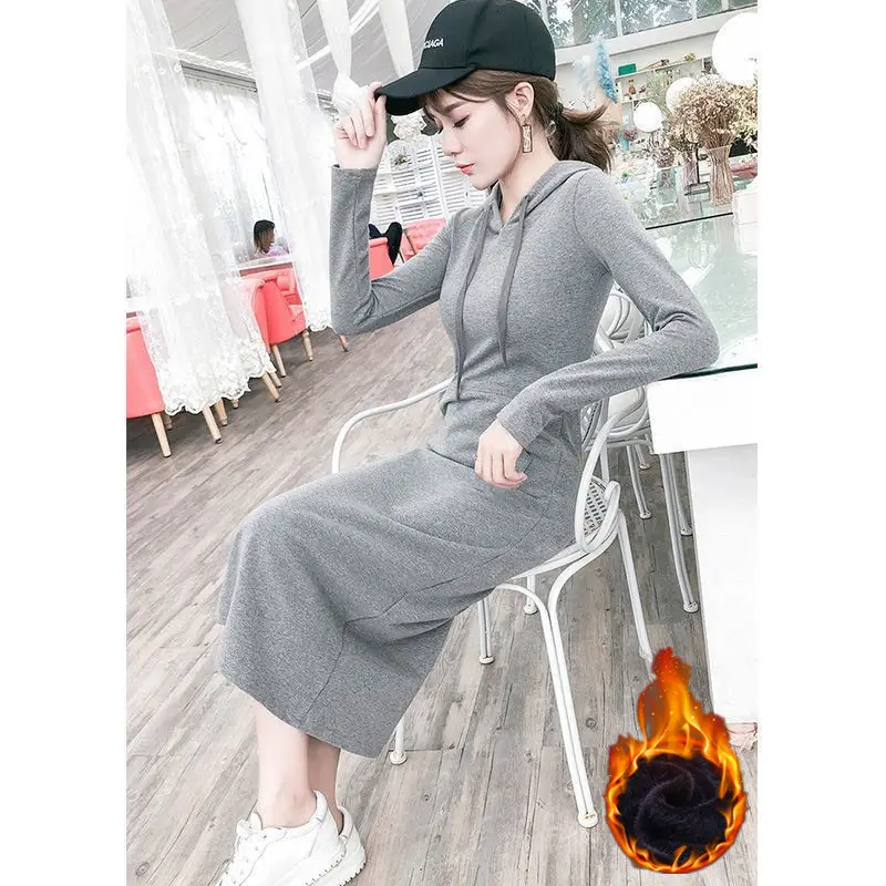 Women Black Long Sleeve Hooded Sweatshirt Dress Mid Length - Image 3