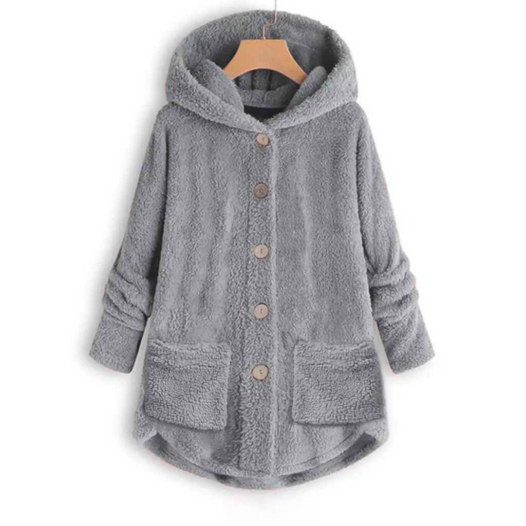 2023 Winter Women's Plush Hooded Jacket Gray Button Irregular - Image 8