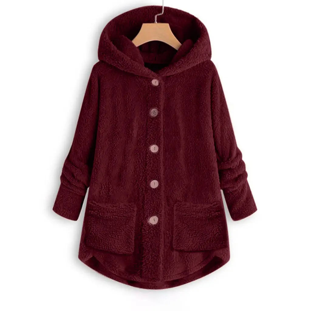 2023 Winter Women's Plush Hooded Jacket Gray Button Irregular - Image 9