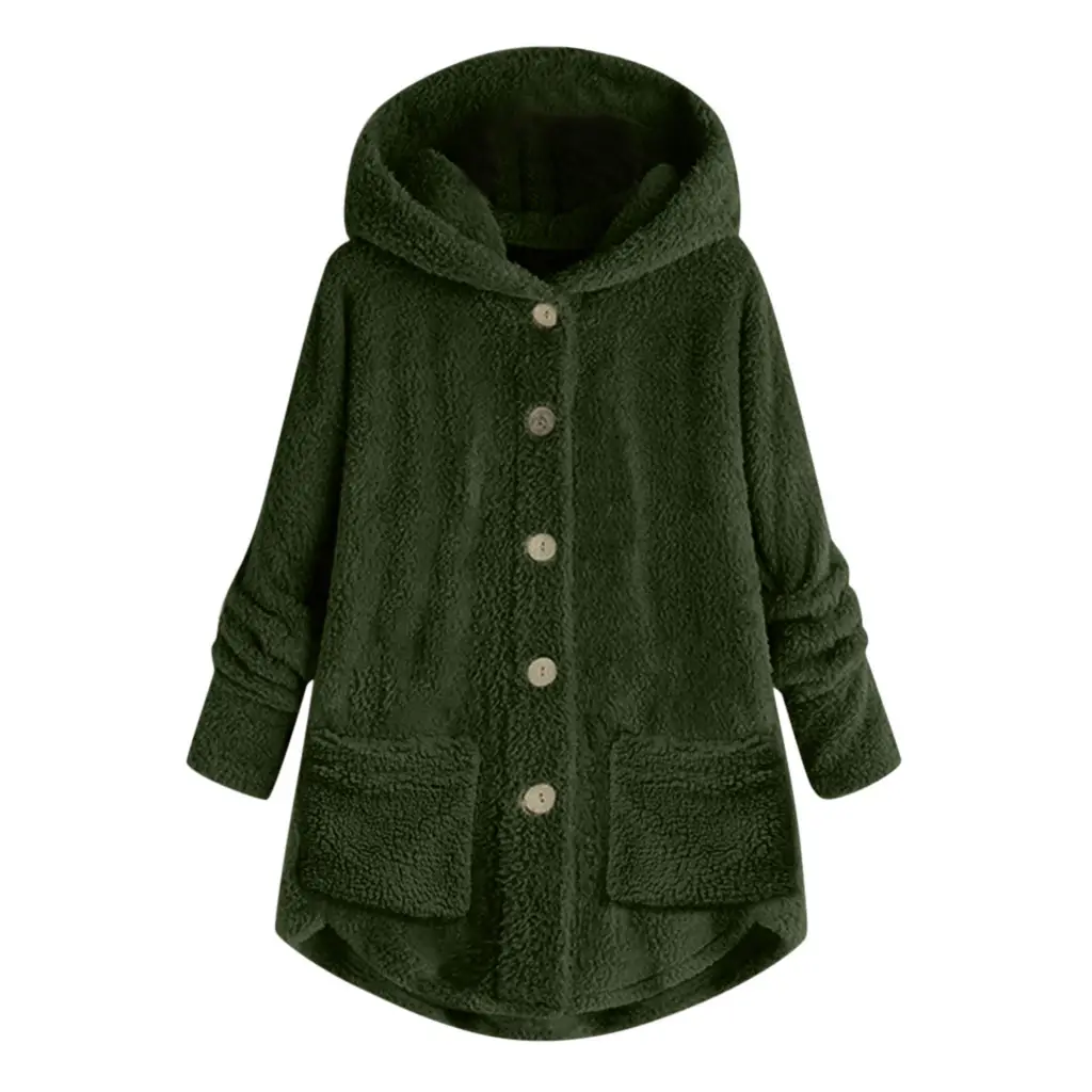 2023 Winter Women's Plush Hooded Jacket Gray Button Irregular - Image 4