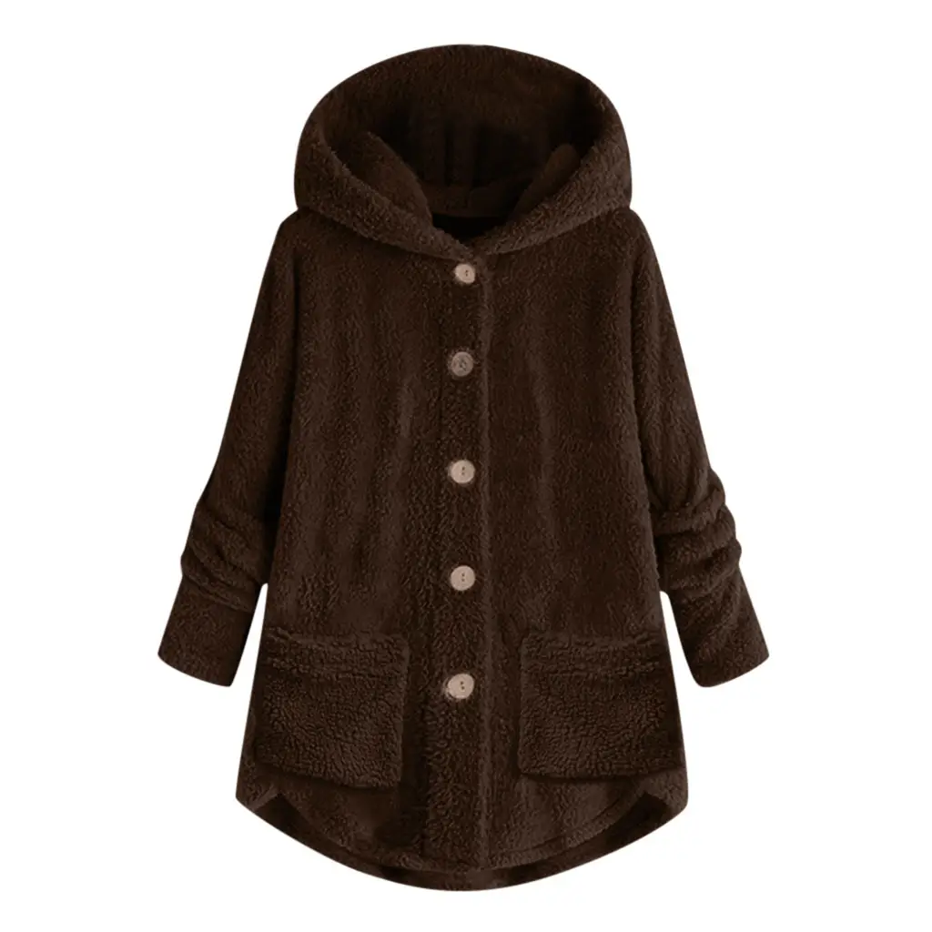 2023 Winter Women's Plush Hooded Jacket Gray Button Irregular - Image 5