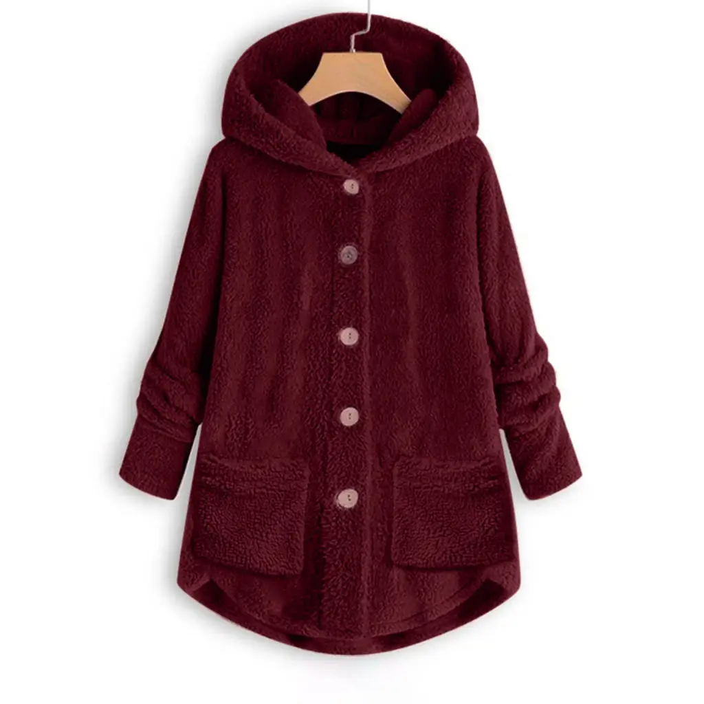 2023 Winter Women's Plush Hooded Jacket Gray Button Irregular - Image 6