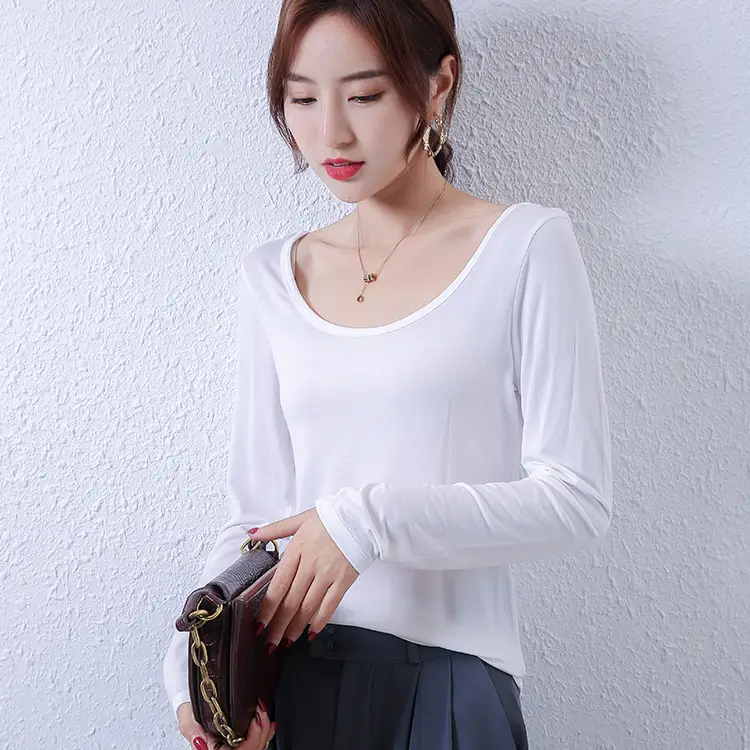 Women White Long Sleeve Slim Fit T-Shirt with Double U Collar - Image 3