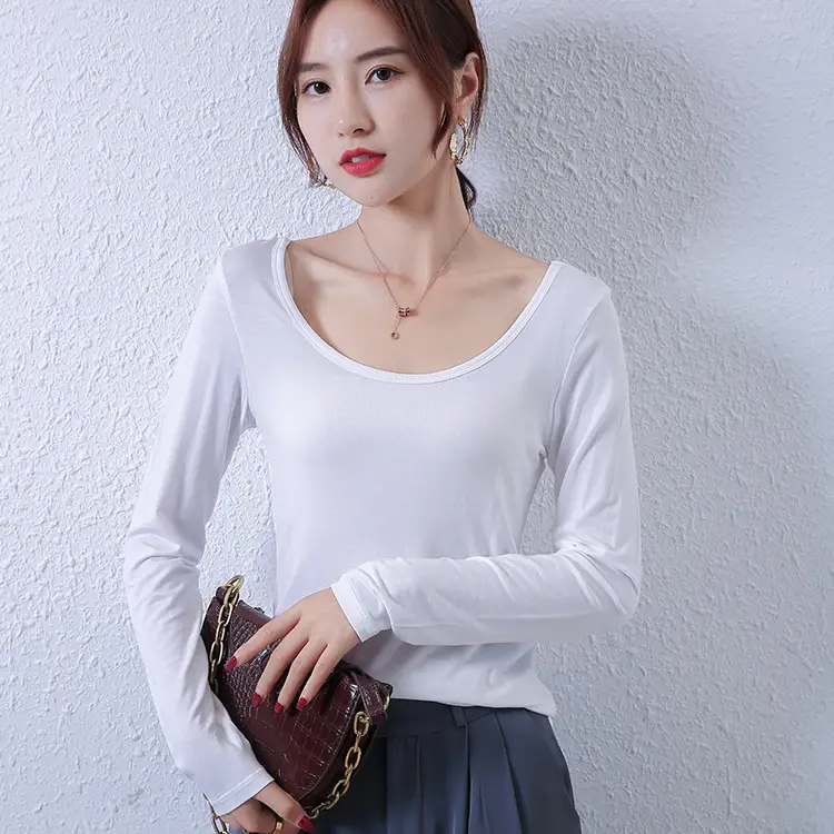 Women White Long Sleeve Slim Fit T-Shirt with Double U Collar - Image 4