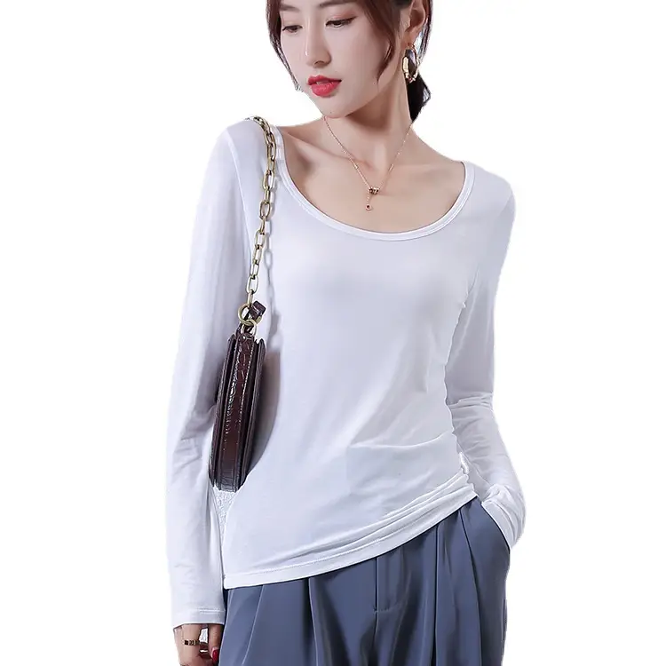 Women White Long Sleeve Slim Fit T-Shirt with Double U Collar - Image 6