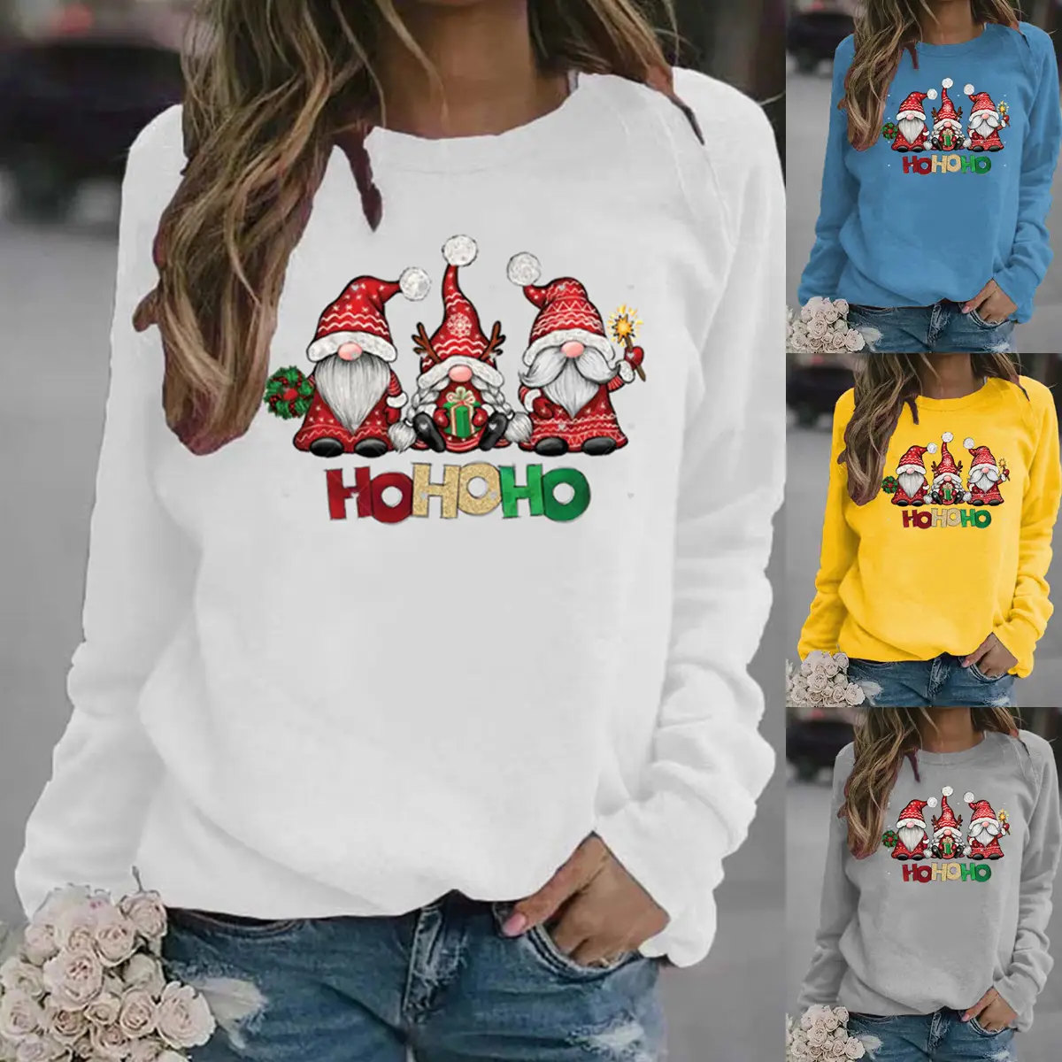 Women Christmas Santa Print Long Sleeve Sweater Green - Image 15
