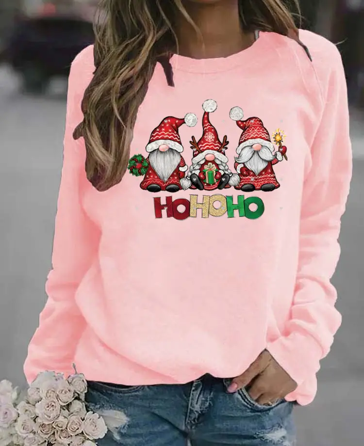 Women Christmas Santa Print Long Sleeve Sweater Green - Image 16