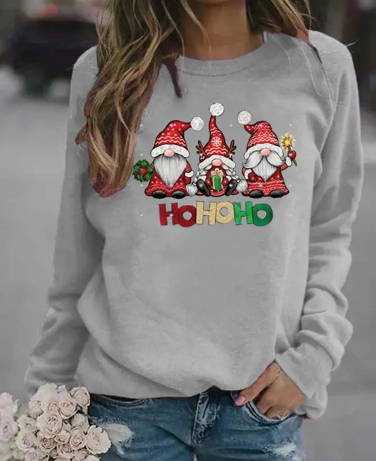 Women Christmas Santa Print Long Sleeve Sweater Green - Image 18