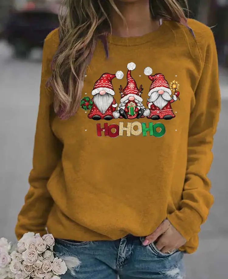 Women Christmas Santa Print Long Sleeve Sweater Green - Image 10