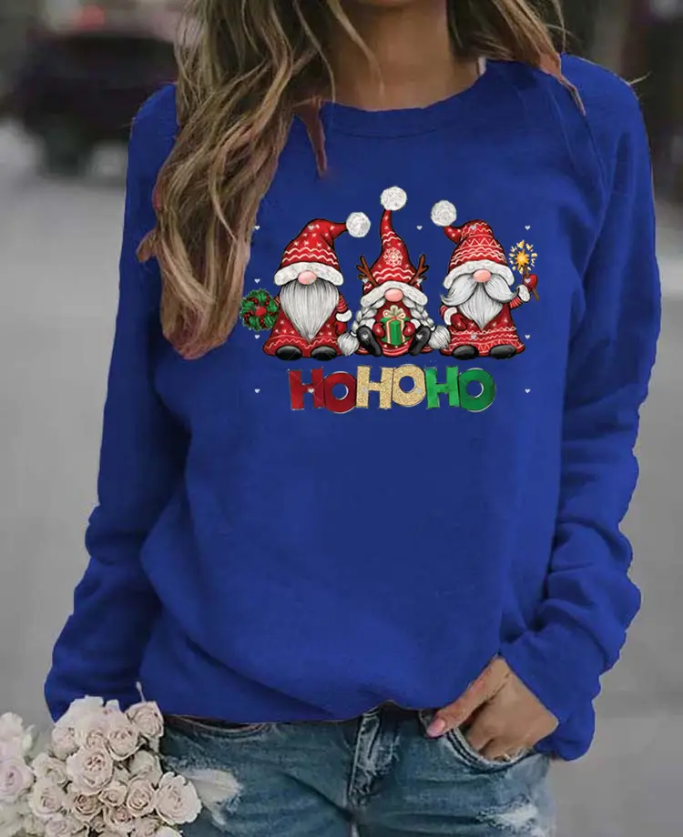 Women Christmas Santa Print Long Sleeve Sweater Green - Image 11