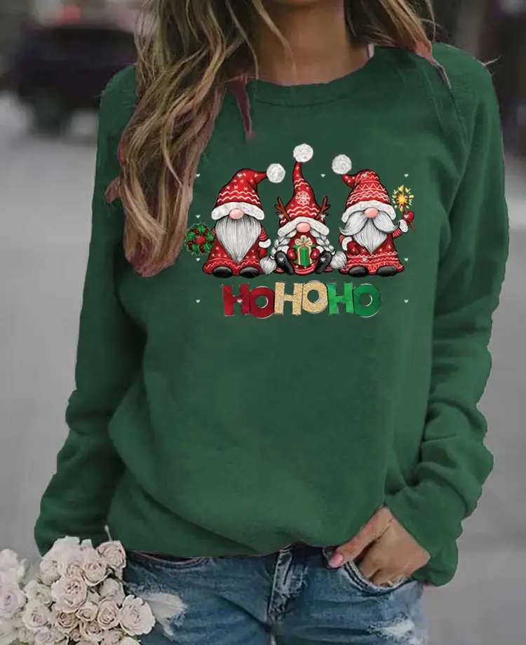 Women Christmas Santa Print Long Sleeve Sweater Green - Image 12