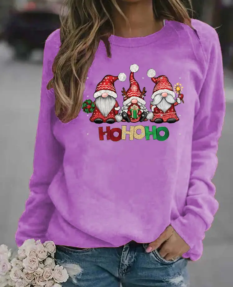 Women Christmas Santa Print Long Sleeve Sweater Green - Image 13