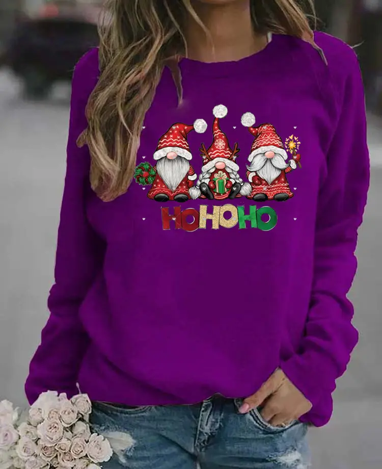 Women Christmas Santa Print Long Sleeve Sweater Green - Image 14