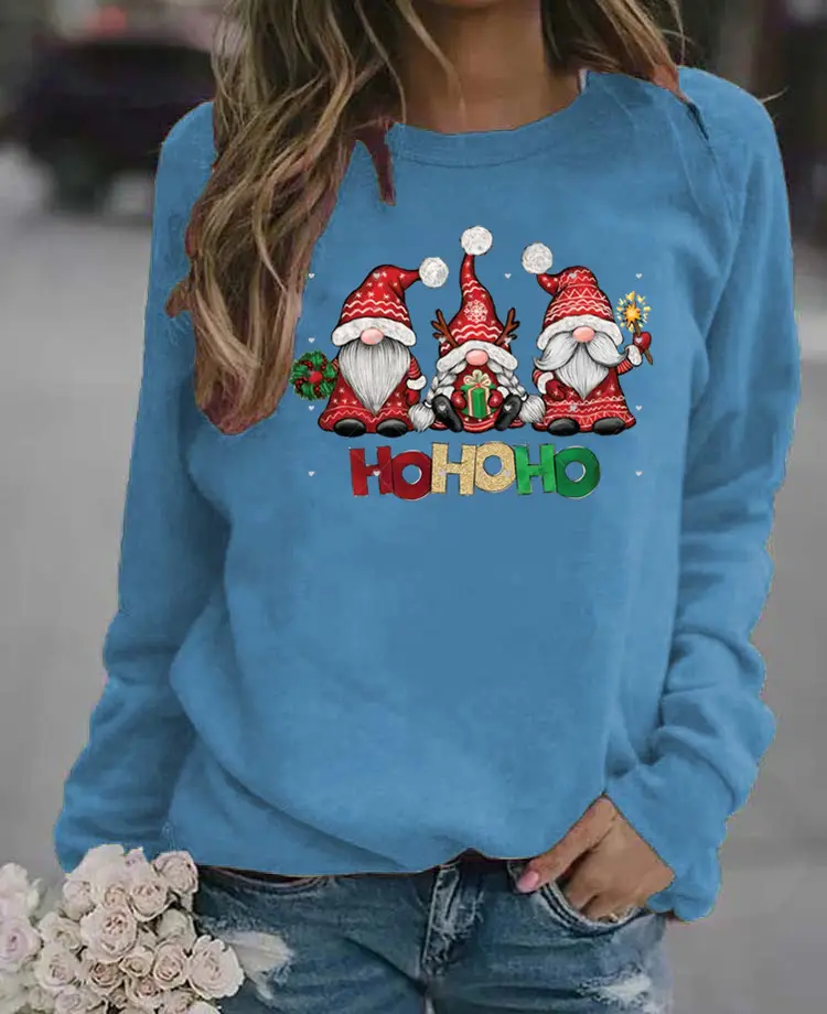 Women Christmas Santa Print Long Sleeve Sweater Green - Image 2