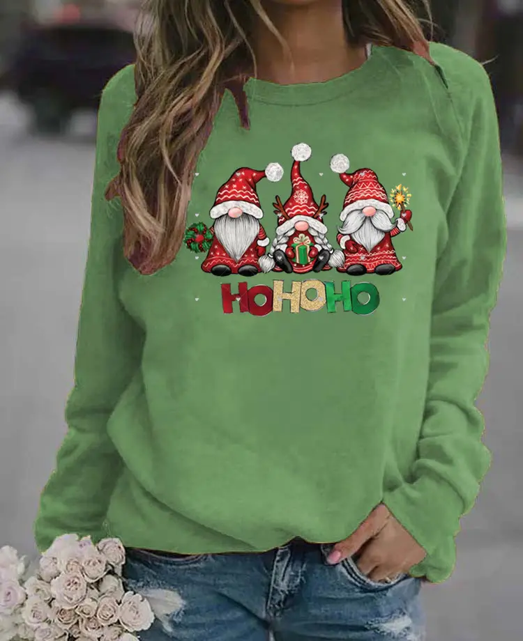 Women Christmas Santa Print Long Sleeve Sweater Green - Image 4