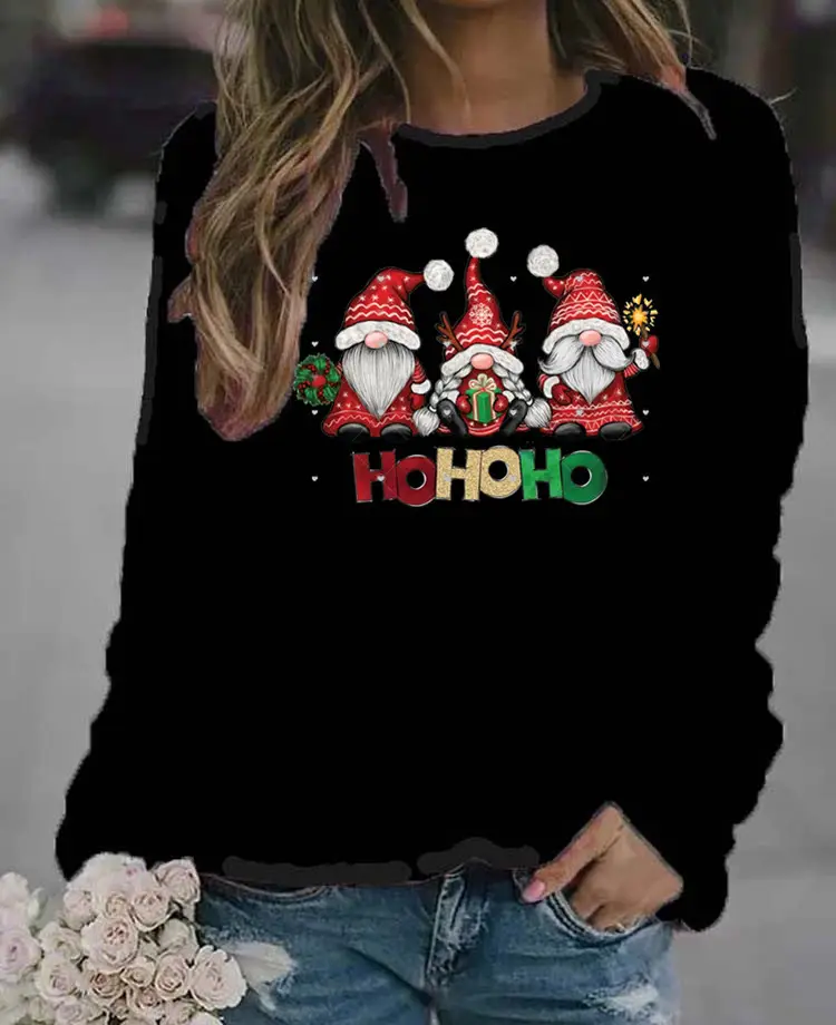 Women Christmas Santa Print Long Sleeve Sweater Green - Image 5