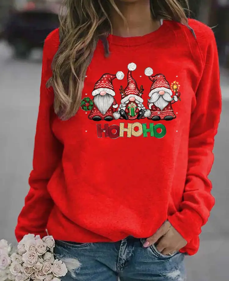 Women Christmas Santa Print Long Sleeve Sweater Green - Image 6