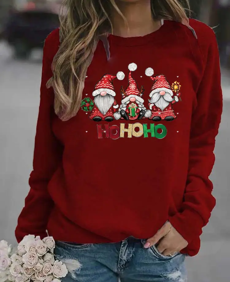 Women Christmas Santa Print Long Sleeve Sweater Green - Image 9