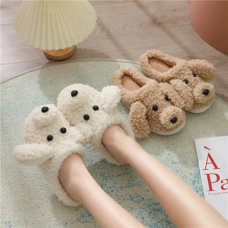 Winter Indoor Non-Slip Cotton Slippers for Women, Cartoon Bear and Teddy Dog Design, Closed-Back Slippers, Soft Home Use, Wholesale Cartoon Slippers