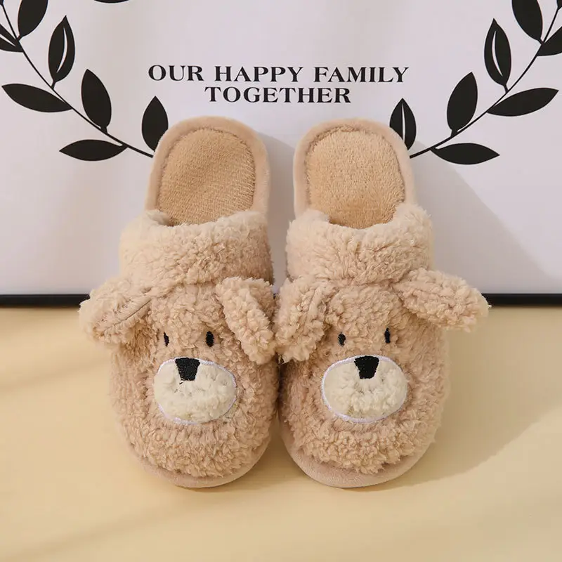 Winter Indoor Non-Slip Cotton Slippers for Women, Cartoon Bear and Teddy Dog Design, Closed-Back Slippers, Soft Home Use, Wholesale Cartoon Slippers