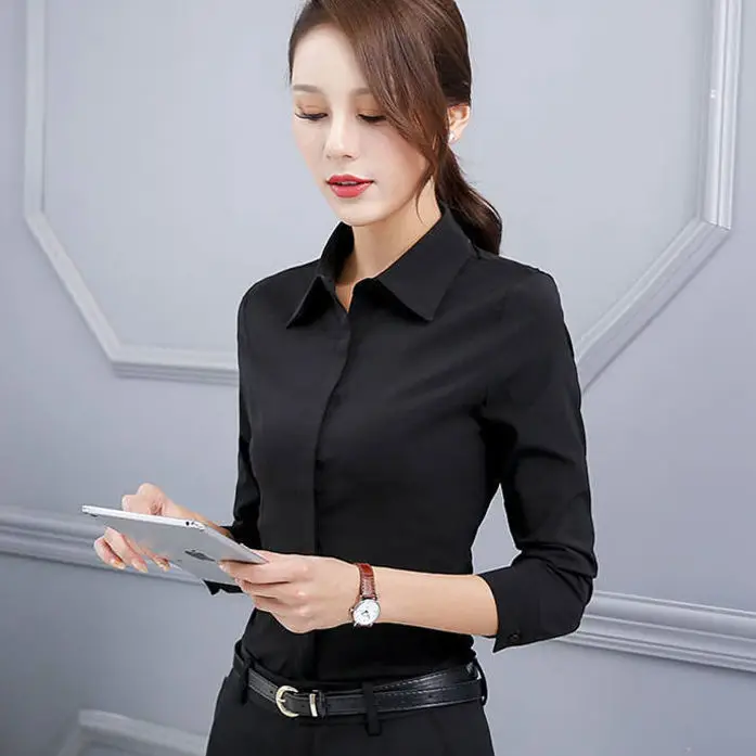 Women Korean Style Slim Fit Work Shirt with Concealed Buckle