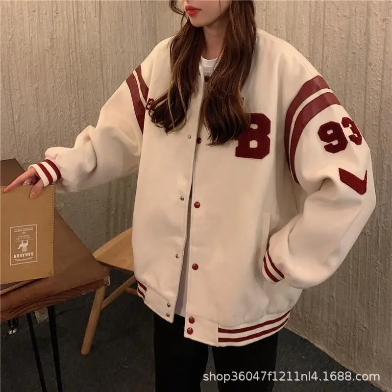 Women's White Maroon Bomber Jacket Winter Casual Coat - Image 2