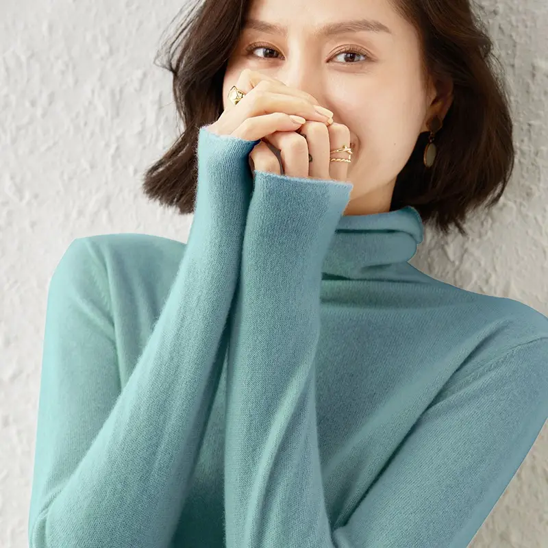 Women Wool Piled Collar Sweater Green Long Sleeve - Image 17