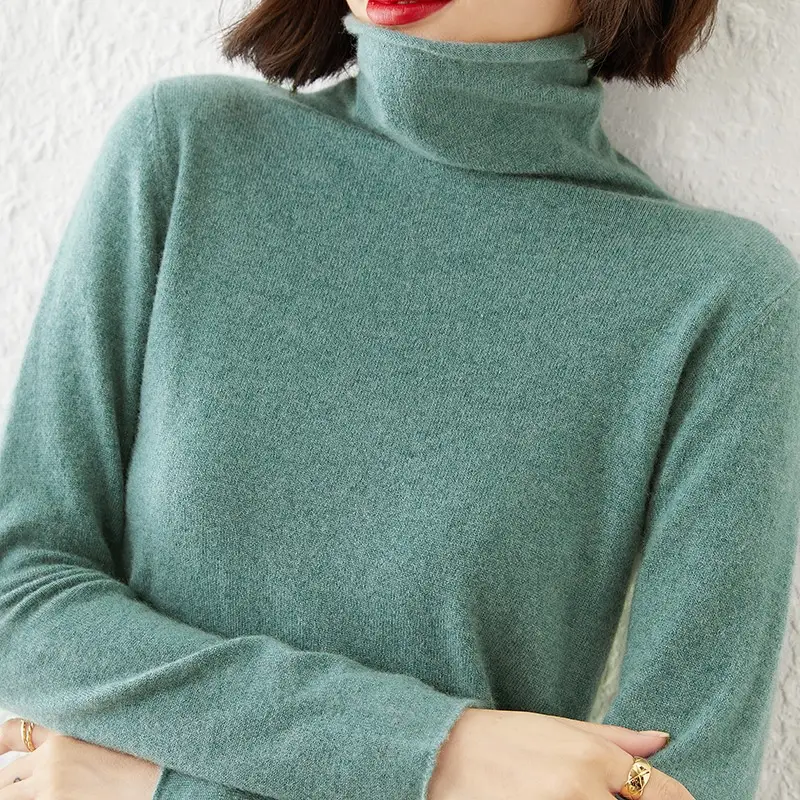 Women Wool Piled Collar Sweater Green Long Sleeve - Image 11