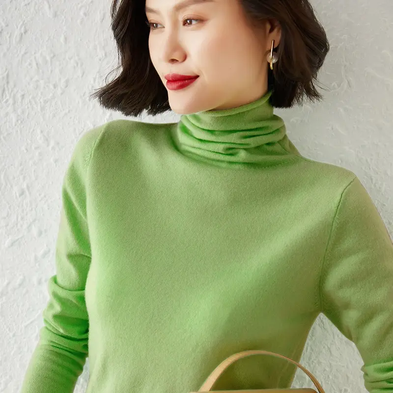 Women Wool Piled Collar Sweater Green Long Sleeve - Image 4