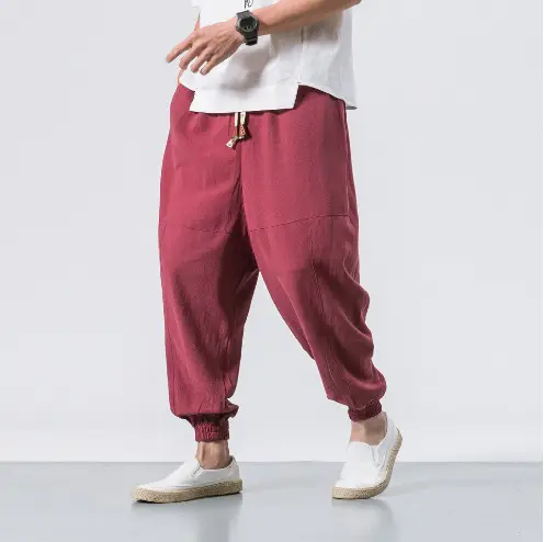 Men Linen Jogger Pants Maroon Drawstring Waist - Image 4