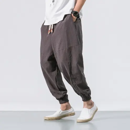 Men Linen Jogger Pants Maroon Drawstring Waist - Image 5