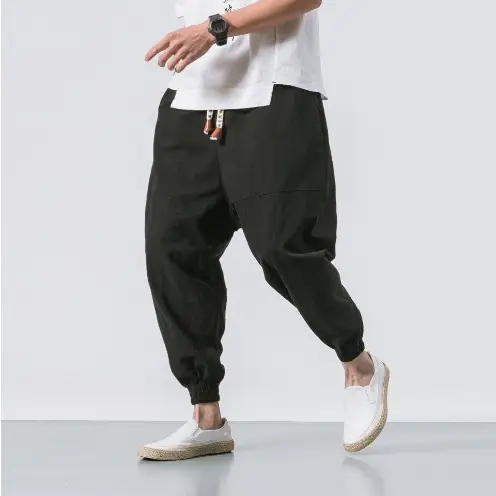 Men Linen Jogger Pants Maroon Drawstring Waist - Image 6