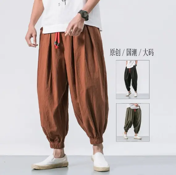 Men Linen Jogger Pants Maroon Drawstring Waist - Image 9