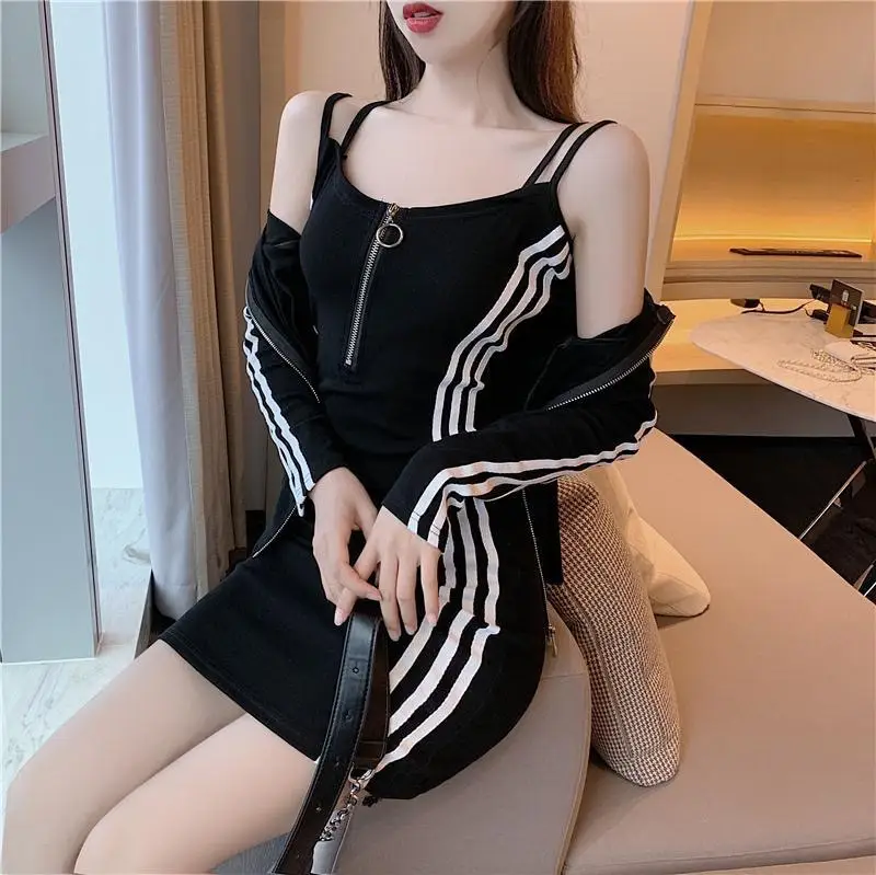 Women's Black Long Sleeve Zip Suit with 3 Stripes — feature 18