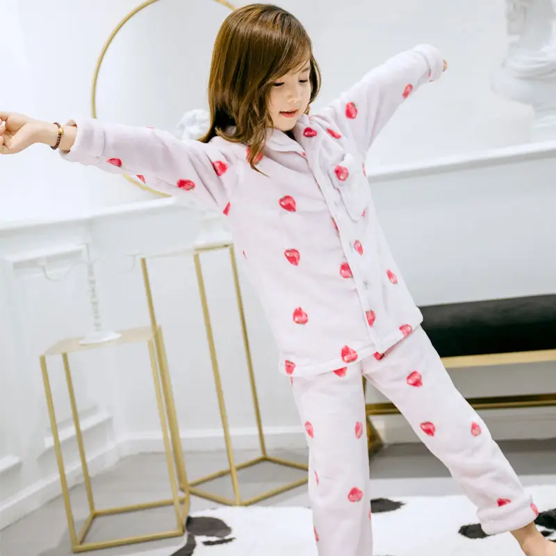 Girls Pajamas Coral Lip Print Flannel Suit Winter - Image 4