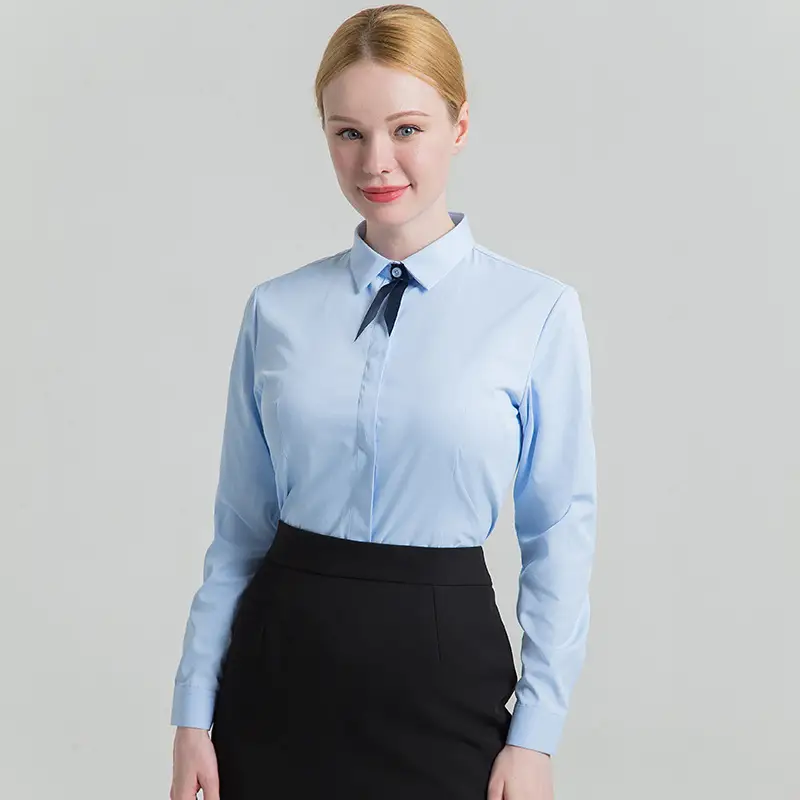Women Blue Slimming Collar Shirt Long Sleeve Professional Wear