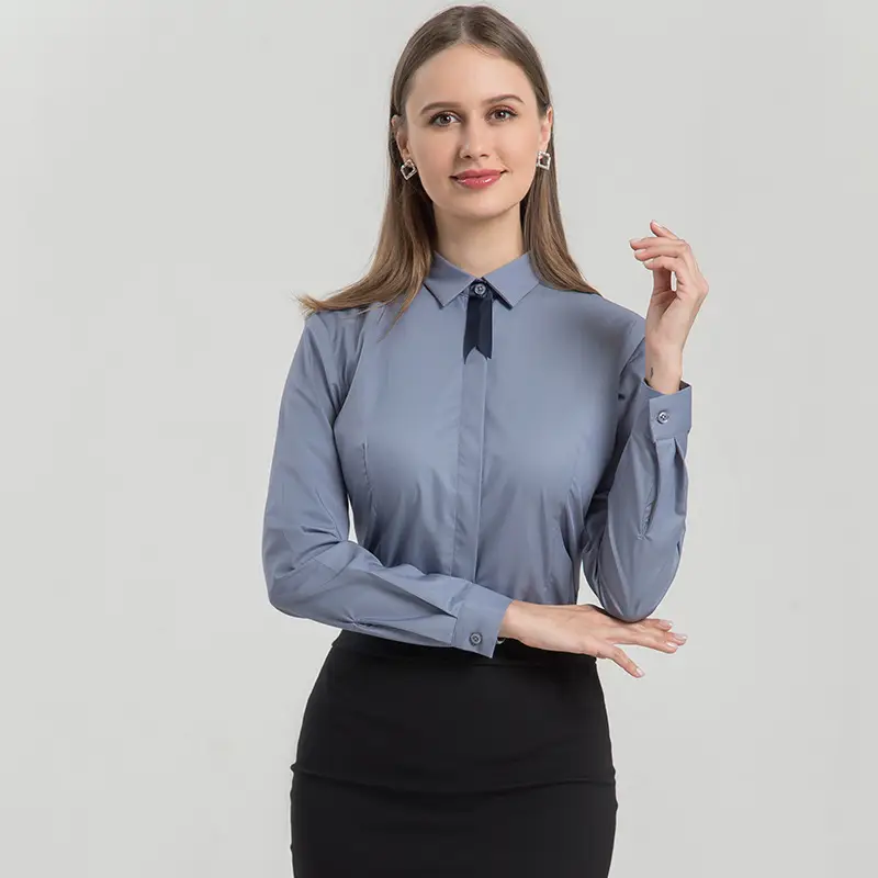 Women Blue Slimming Collar Shirt Long Sleeve Professional Wear
